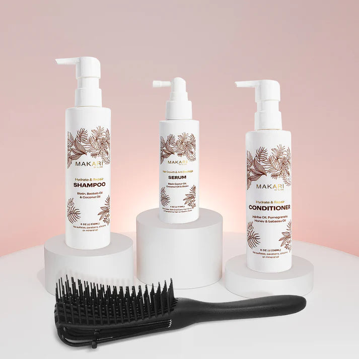 Makari Complete Hair Set – Shampoo, Conditioner, Serum & Brush for Stronger Shinier Hair – Makari De Suisse Uganda