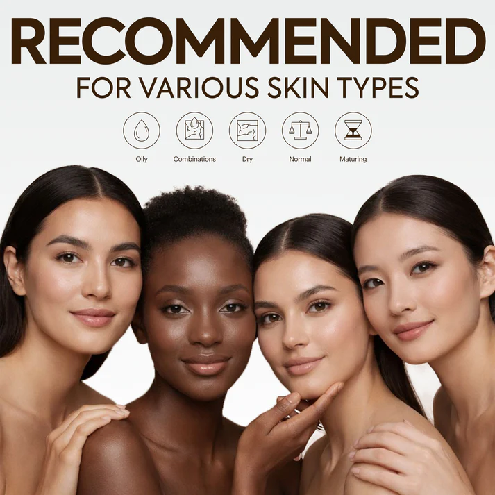 Four women with different skin tones standing together, with text 'Recommended for Various Skin Types' above them. | Makari de Suisse Uganda