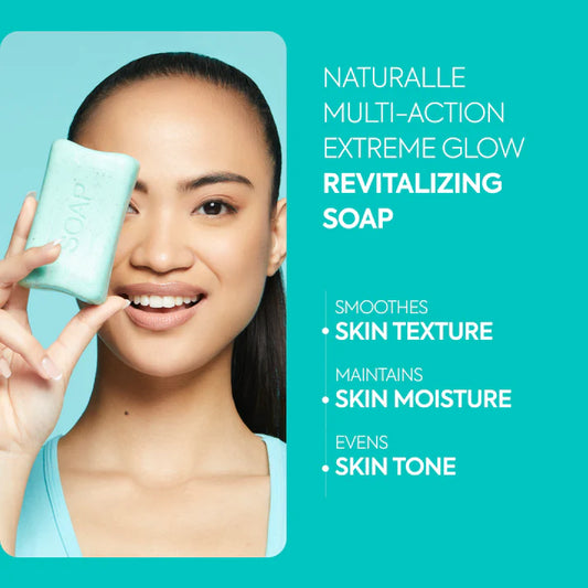 Woman holding a bar of soap with product details on a teal background | Makari de Suisse Uganda