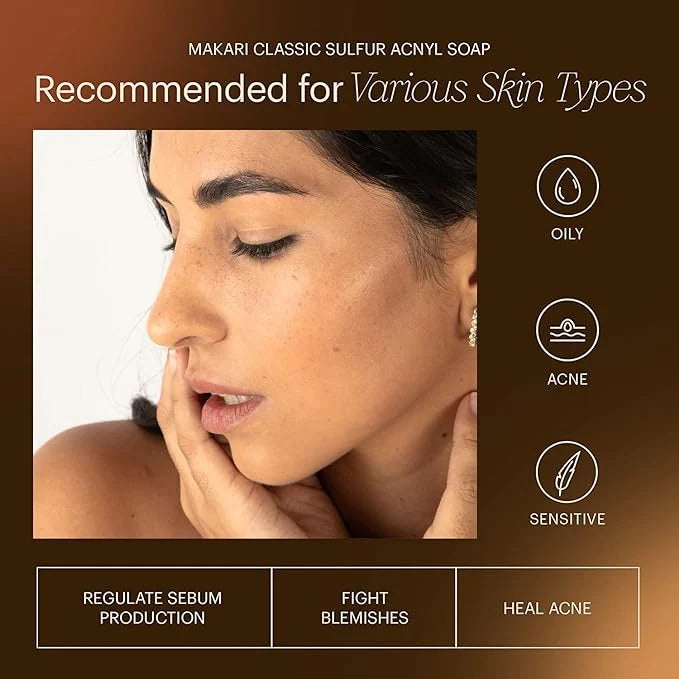 Advertisement for Makari Classic Sulfur Acnyl Soap with a woman touching her face, highlighting its benefits for various skin types. | Makari de Suisse Uganda