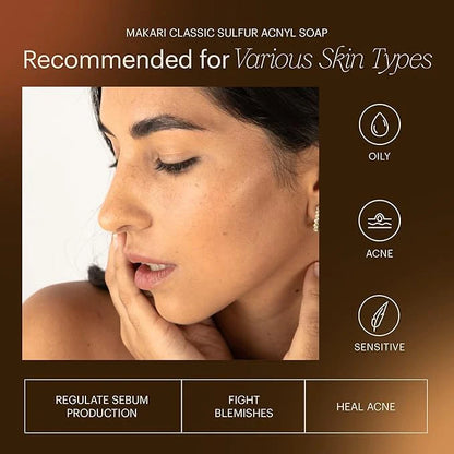 Advertisement for Makari Classic Sulfur Acnyl Soap with a woman touching her face, highlighting its benefits for various skin types. | Makari de Suisse Uganda