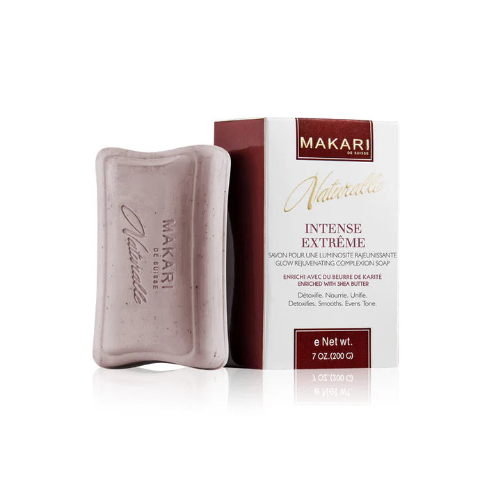 Bar of Makari Intense Extreme soap with packaging on a white background | Makari de Suisse Uganda