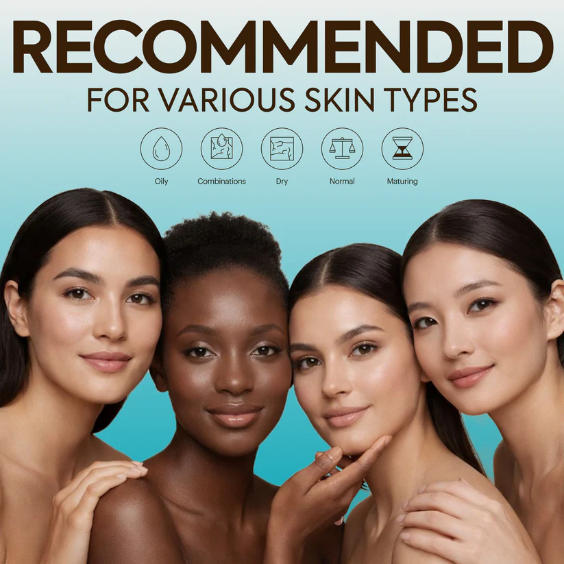 Four women with different skin tones standing together against a teal background with text 'Recommended for Various Skin Types'. Makari Blue Crystal