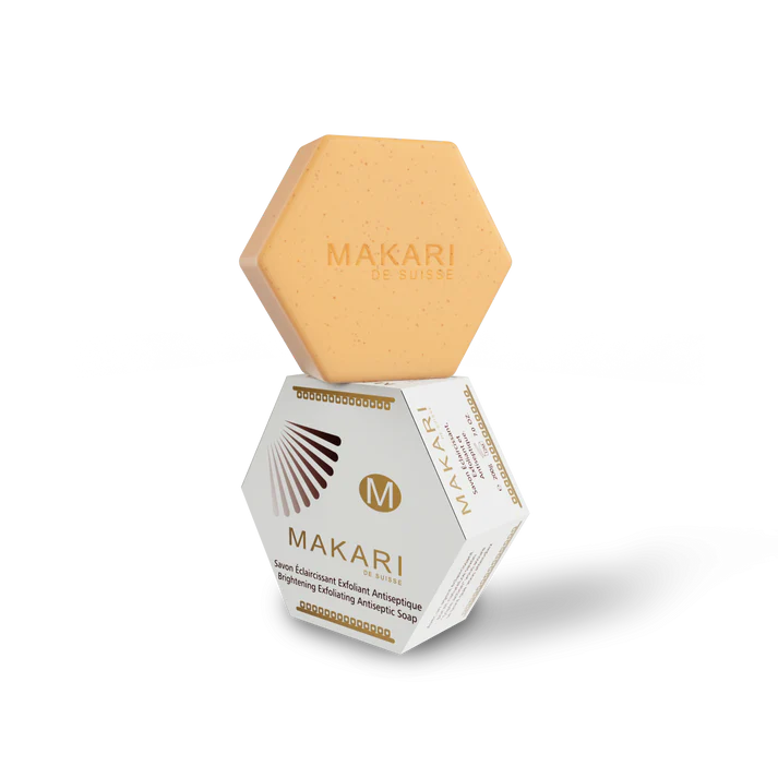 Hexagonal soap with 'MAKARI' branding on a white background | Makari de Suisse Uganda