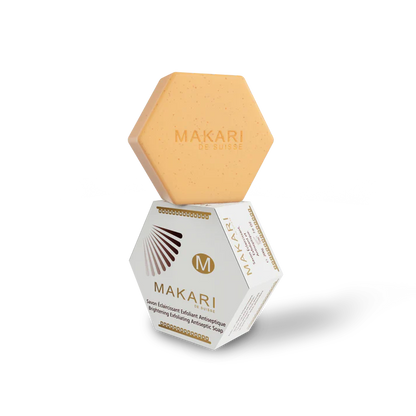 Hexagonal soap with 'MAKARI' branding on a white background | Makari de Suisse Uganda