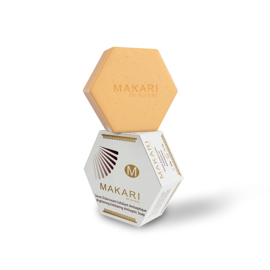 Hexagonal soap with 'MAKARI' branding on a white background | Makari de Suisse Uganda