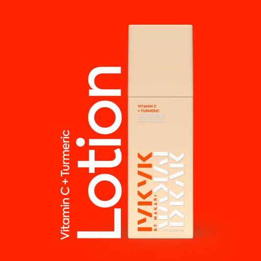Lotion bottle with 'Vitamin C + Turmeric' text on a red background | Makari de Suisse Uganda