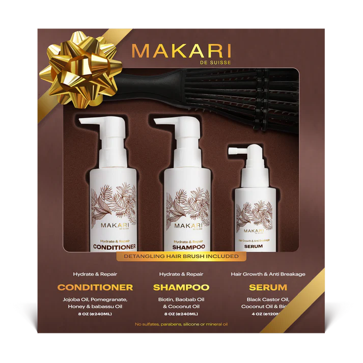 Makari Complete Hair Set – Shampoo, Conditioner, Serum & Brush for Stronger Shinier Hair – Makari De Suisse Uganda