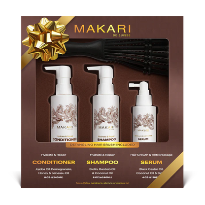 Makari Complete Hair Set – Shampoo, Conditioner, Serum & Brush for Stronger Shinier Hair – Makari De Suisse Uganda