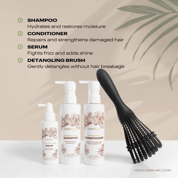 Makari Complete Hair Set – Shampoo, Conditioner, Serum & Brush for Stronger Shinier Hair – Makari De Suisse Uganda