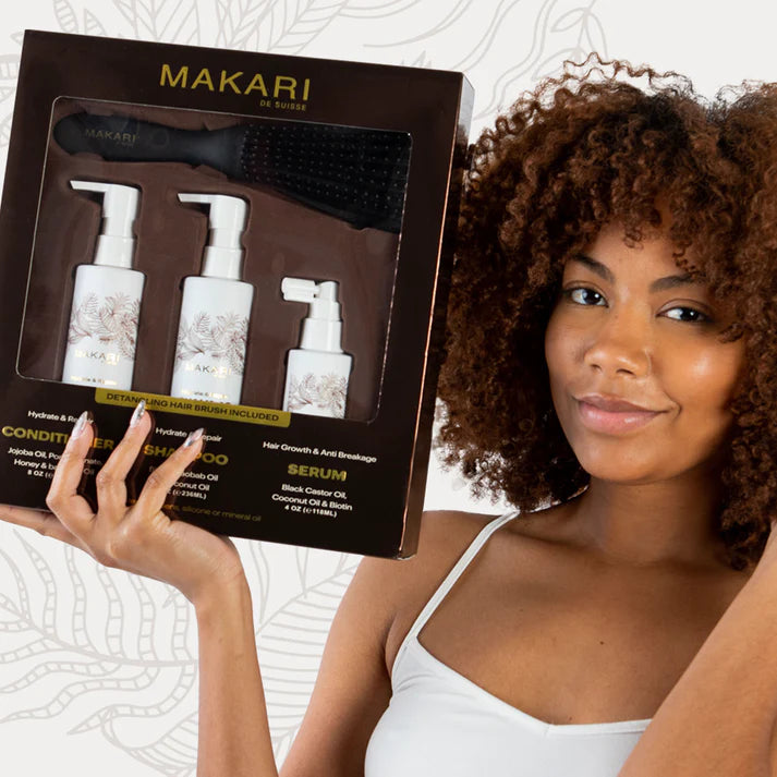 Makari Complete Hair Set – Shampoo, Conditioner, Serum & Brush for Stronger Shinier Hair – Makari De Suisse Uganda