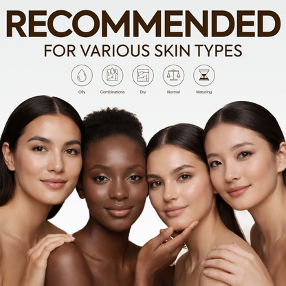 Four women with different skin tones standing together, with text 'Recommended for Various Skin Types' above them. | Makari de Suisse Uganda