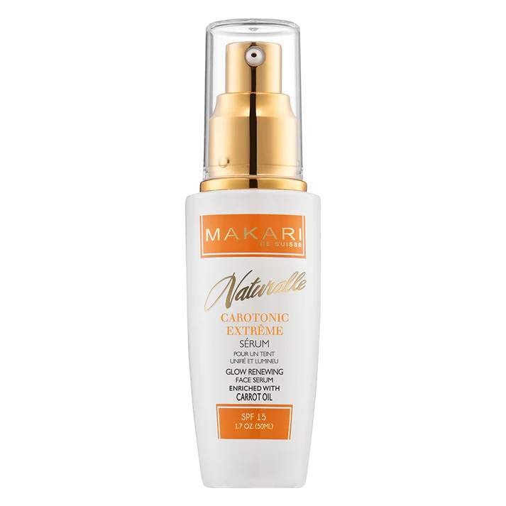 Makari Naturallle serum bottle with gold cap on a white background | Makari de Suisse Uganda