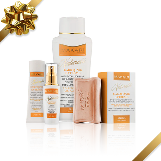 Makari Naturals skincare and body care products with a gold bow on a white background | Makari de Suisse Uganda