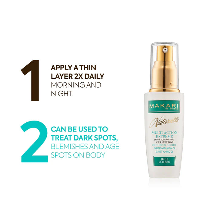 Makari Naturals skincare serum bottle with usage instructions on a white background | Makari de Suisse Uganda