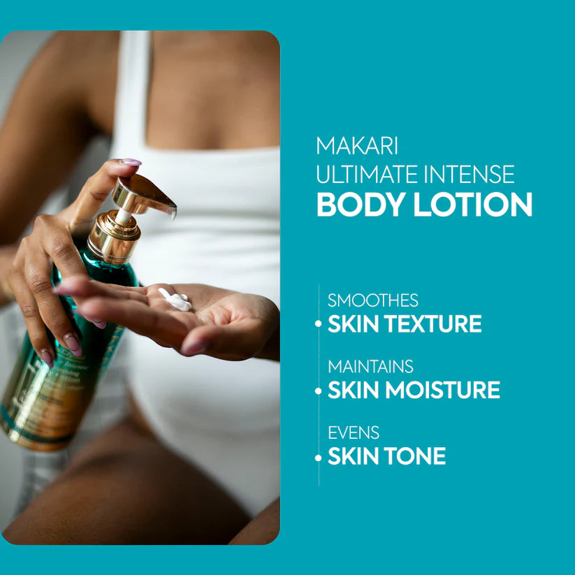 Makari Ultimate Intense Body Lotion being applied with text highlighting benefits on a teal background Blue Crystal