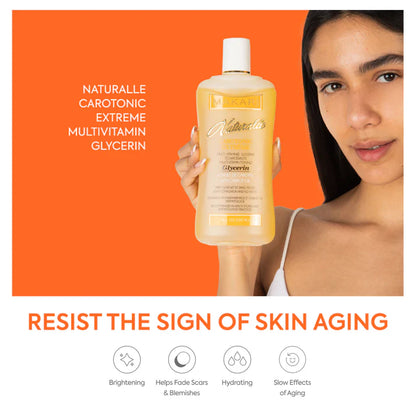 Woman holding a bottle of 'Naturale' product with text about skin care benefits on an orange background | Makari de Suisse Uganda