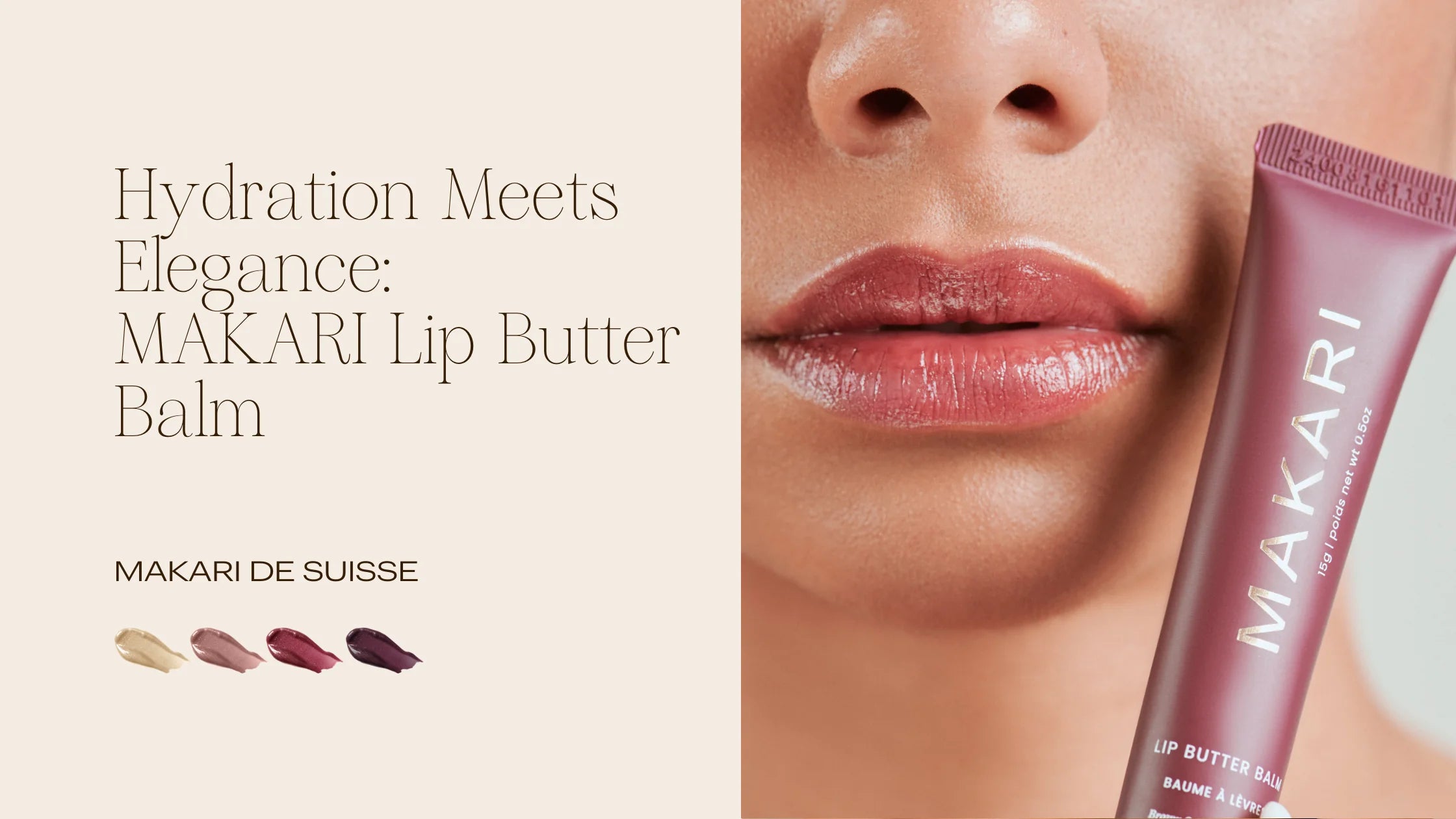 Makari lip butter balm with a close-up of lips and product packaging.