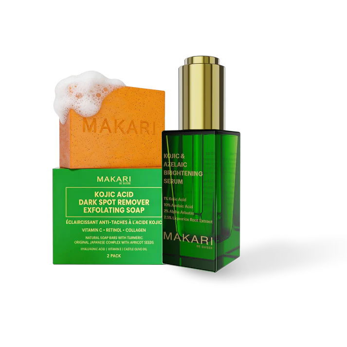 Makari skincare products including a soap bar and serum on a white background Kojic Soap & Serum