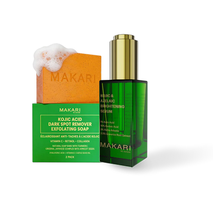 Makari skincare products including a soap bar and serum on a white background Kojic Soap & Serum