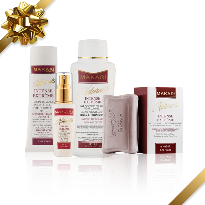 Makari skincare products including cream, lotion, and serum with a gold bow on a white background | Makari de Suisse Uganda