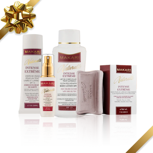 Makari skincare products including cream, lotion, and serum with a gold bow on a white background | Makari de Suisse Uganda