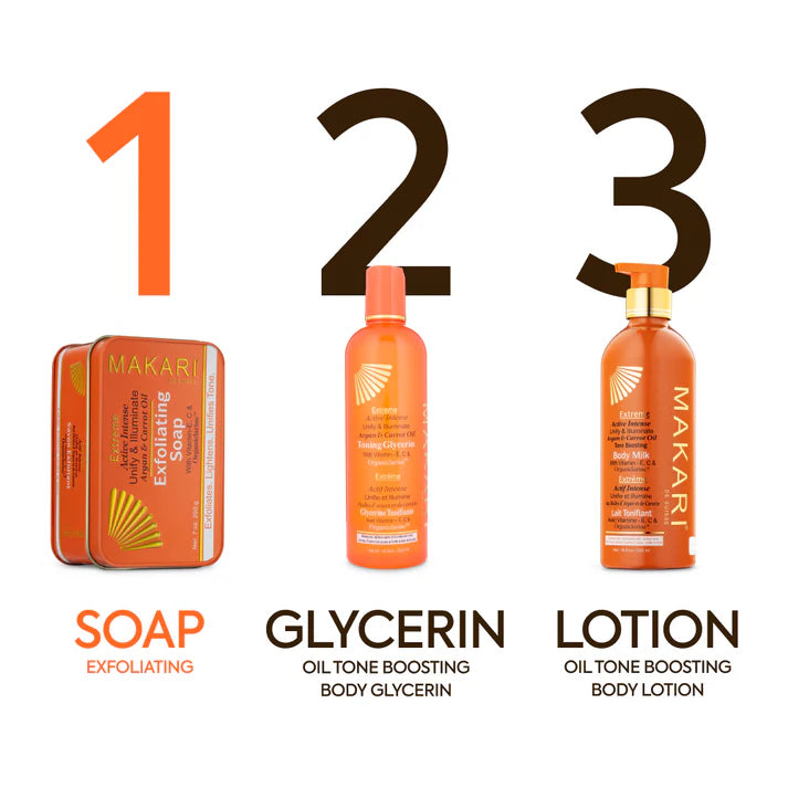 Makari skincare products including soap, glycerin, and lotion with product names and features. | Makari de Suisse Uganda