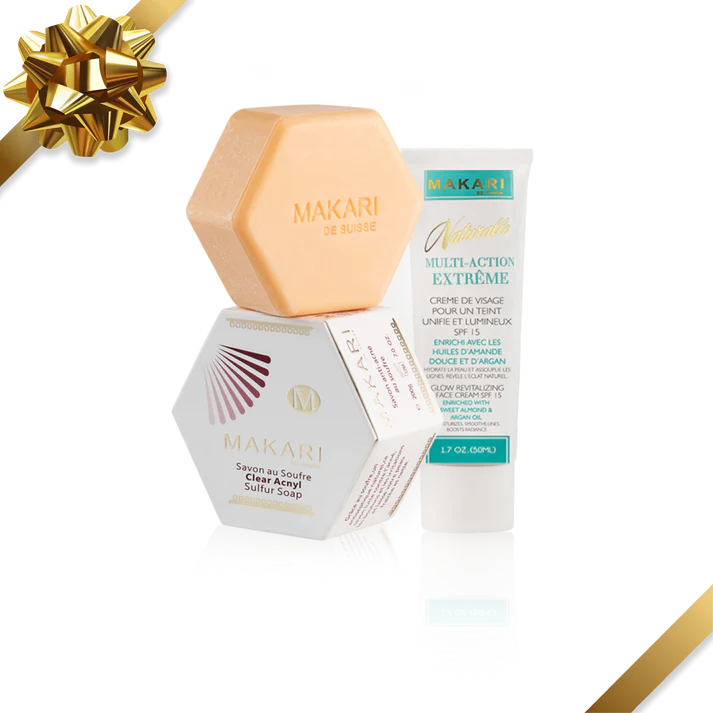 Makari skincare products with a gold bow on a white background | Makari de Suisse Uganda
