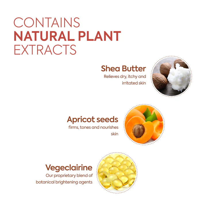 Product label highlighting natural plant extracts with images of shea butter, apricot seeds, and vegeclairine. | Makari de Suisse Uganda