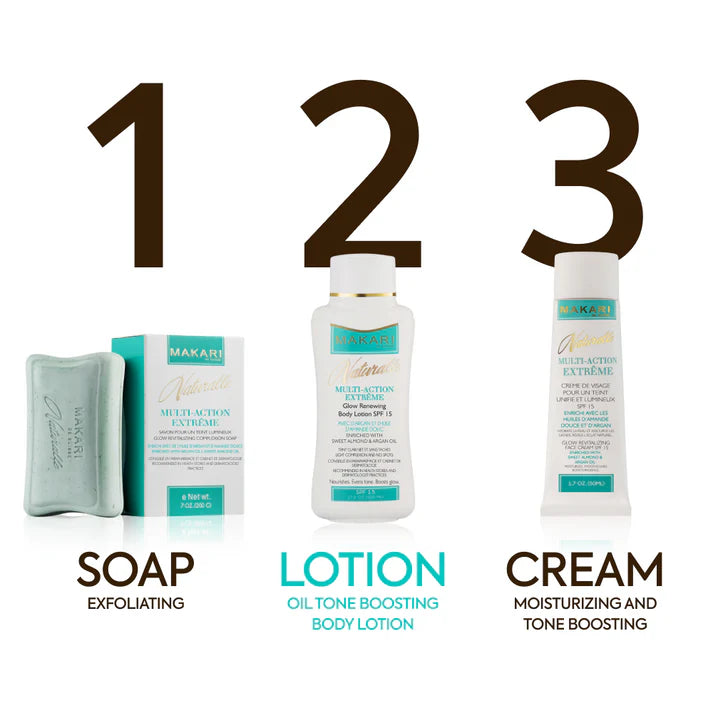 Three skincare products labeled 'Soap', 'Lotion', and 'Cream' with Makari branding on a white background. | Makari de Suisse Uganda