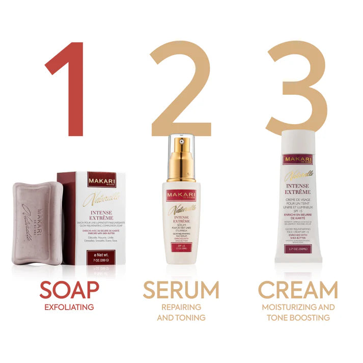 Three skincare products labeled 'Soap', 'Serum', and 'Cream' with Makare branding on a white background. | Makari de Suisse Uganda