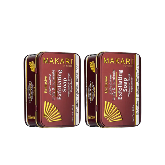 Two Makari Exfoliating Soap bars in red packaging with yellow accents on a white background | Makari de Suisse Uganda