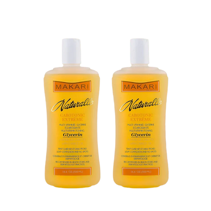 Two bottles of Makari Naturalie Carotone Extreme on a white background | Makari de Suisse Uganda