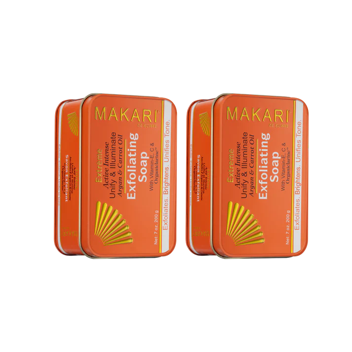 Two tins of Makari Exfoliating Soap on a white background | Makari de Suisse Uganda