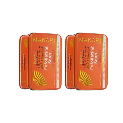 Two tins of Makari Exfoliating Soap on a white background | Makari de Suisse Uganda