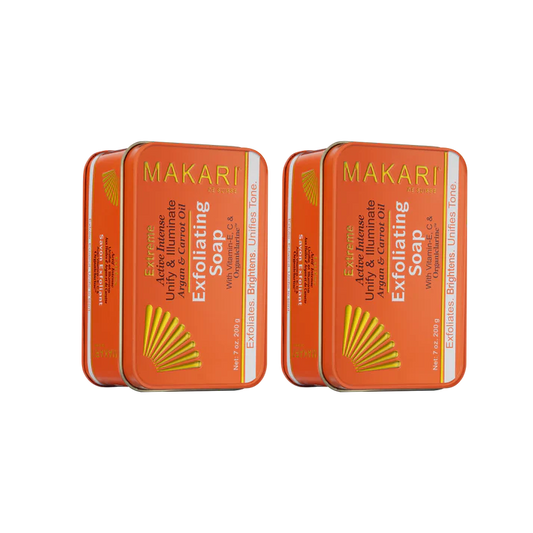 Two tins of Makari Exfoliating Soap on a white background | Makari de Suisse Uganda