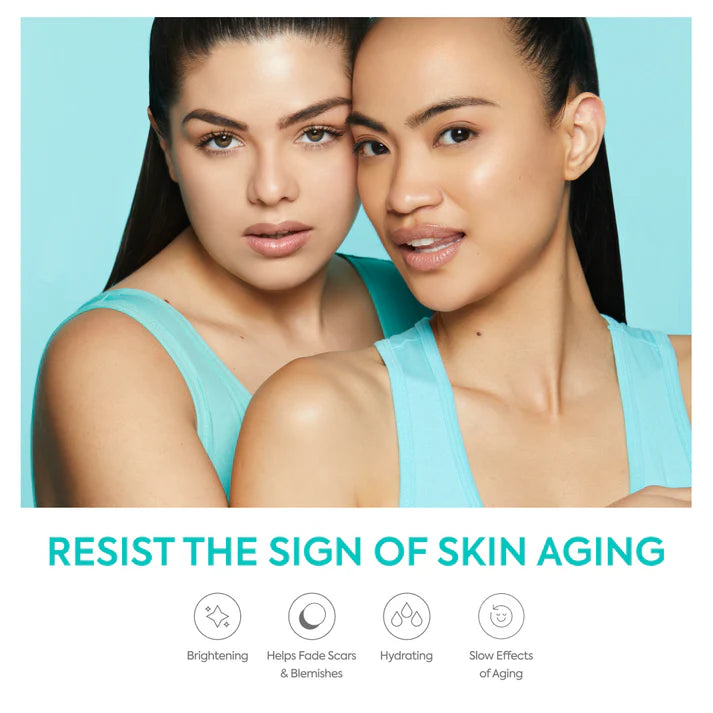 Two women with a blue background and text about resisting skin aging. | Makari de Suisse Uganda