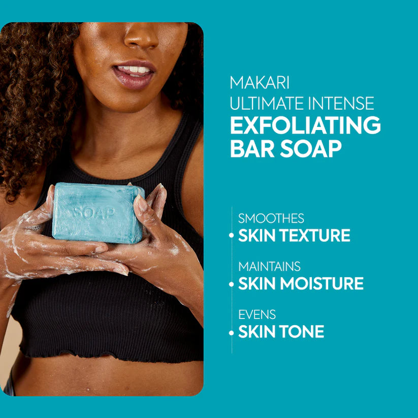 Woman holding a bar of soap with product details on a blue background. Blue Crystal