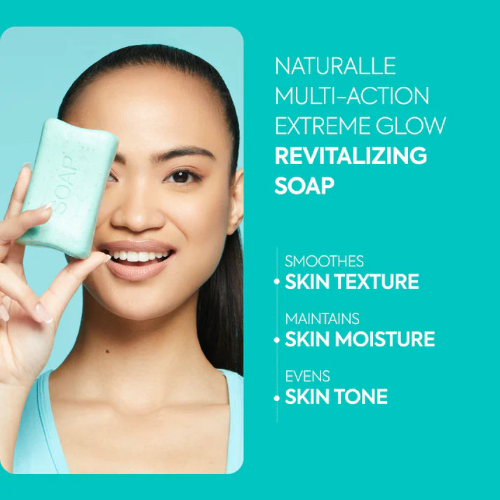 Woman holding a bar of soap with product details on a teal background Multi-Action