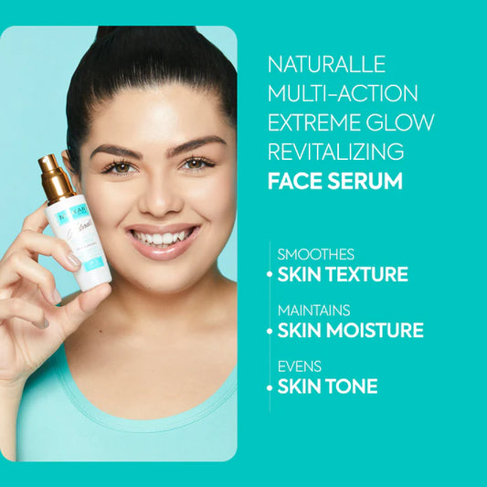 Woman holding a face serum with product details on a teal background | Makari de Suisse Uganda