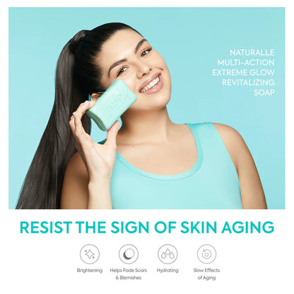 Woman holding a green soap bar with text about skin care benefits on a light blue background | Makari de Suisse Uganda