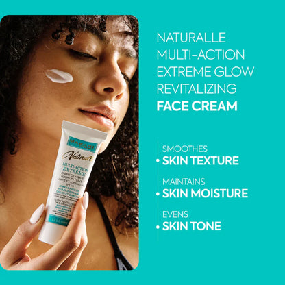 Woman holding a tube of Naturalle Multi-Action Extreme Glow Revitalizing Face Cream against a teal background. | Makari de Suisse Uganda